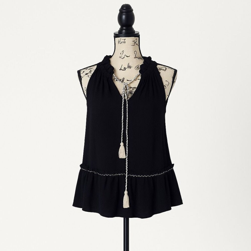 Max Studio Flowy Ruffle Tank Top | Size S | Black Tassel Detail